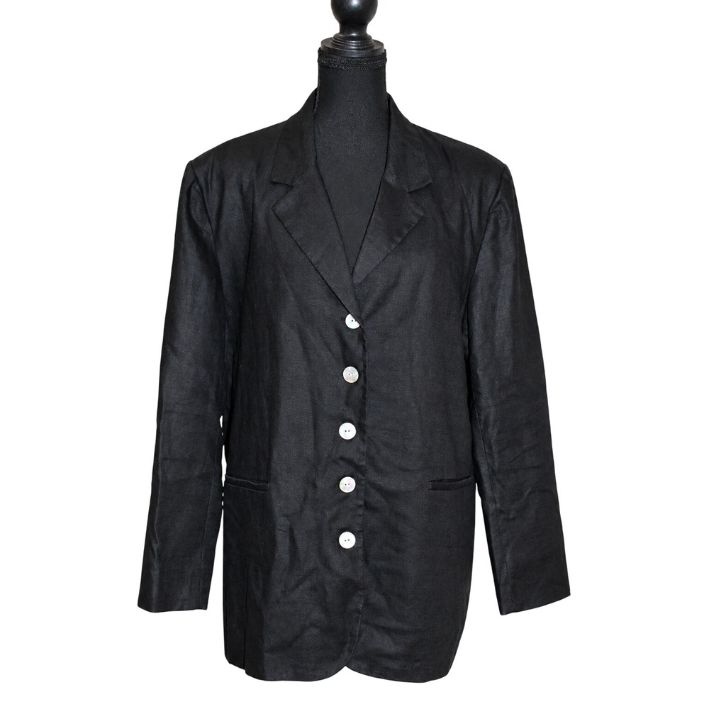 VTG 90s Rafaella 100% Linen Blazer Black Minimalist Oversized Workwear Jacket 12